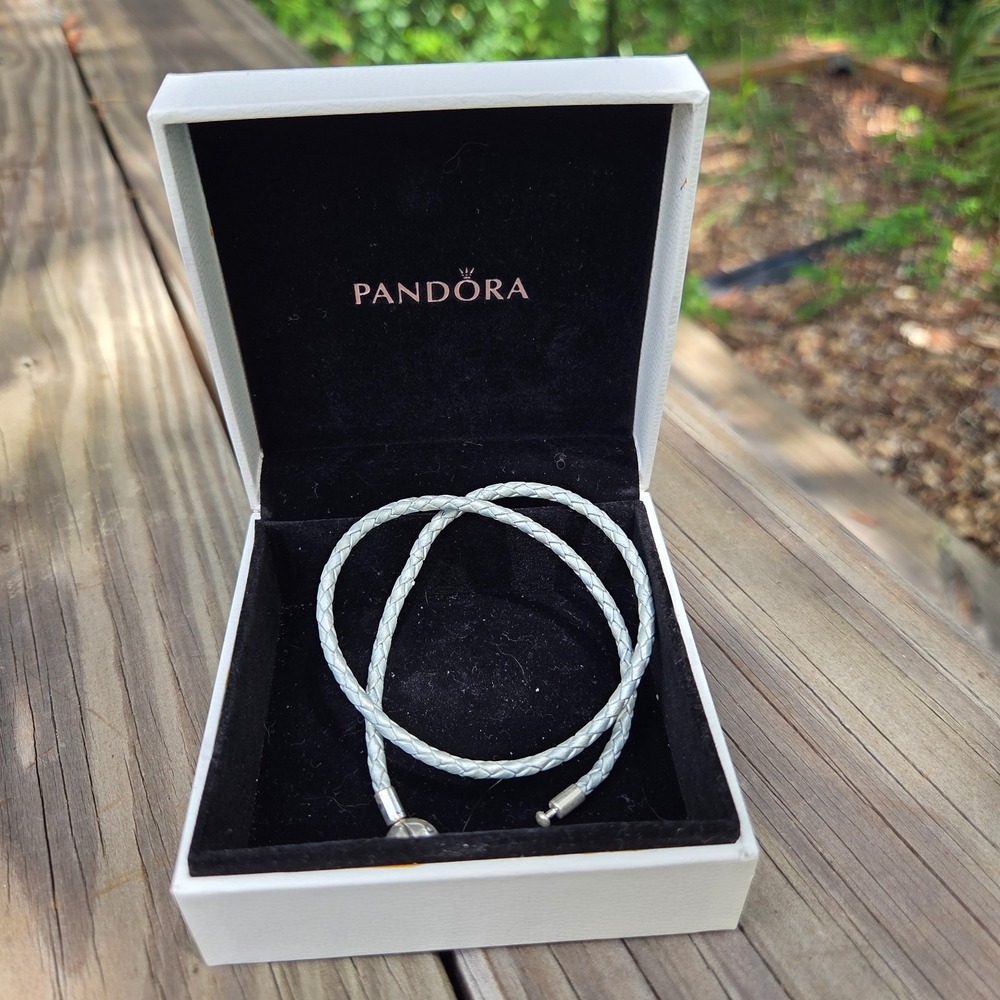 Pandora Light Blue Leather Double Wrap Leather Bracelet Sterling Silver End 14"